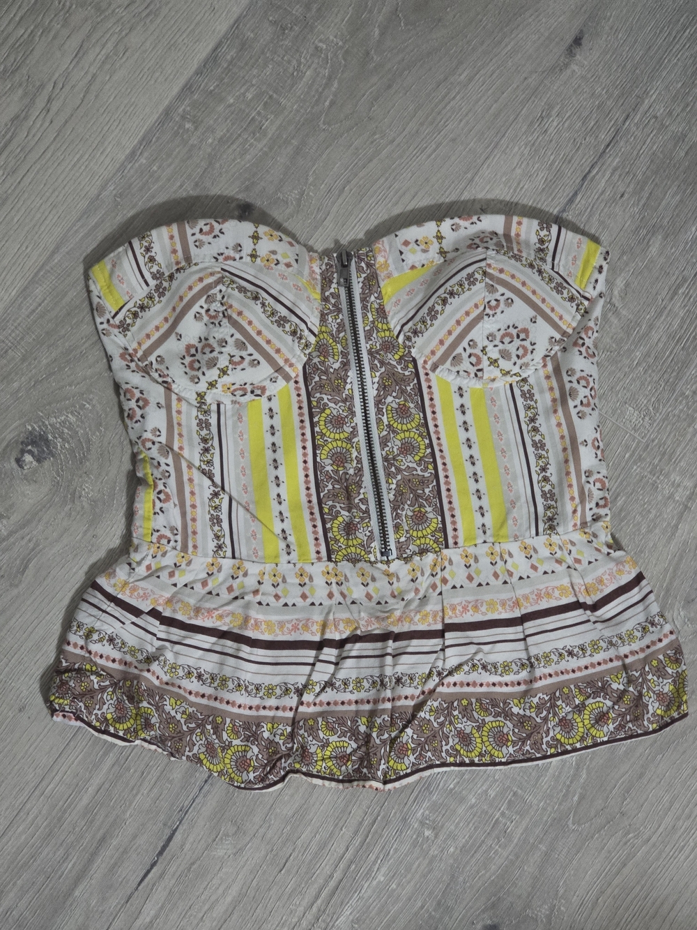 American Rag Strapless Printed Bustier Top - White, Yellow & Brown